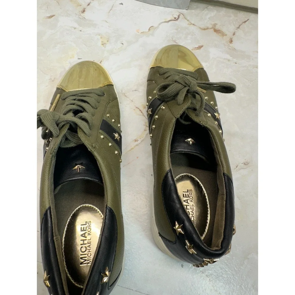 Michael Kors Frankie Striped Sneakers stars stripes stud metallic olive Die 9.5M
